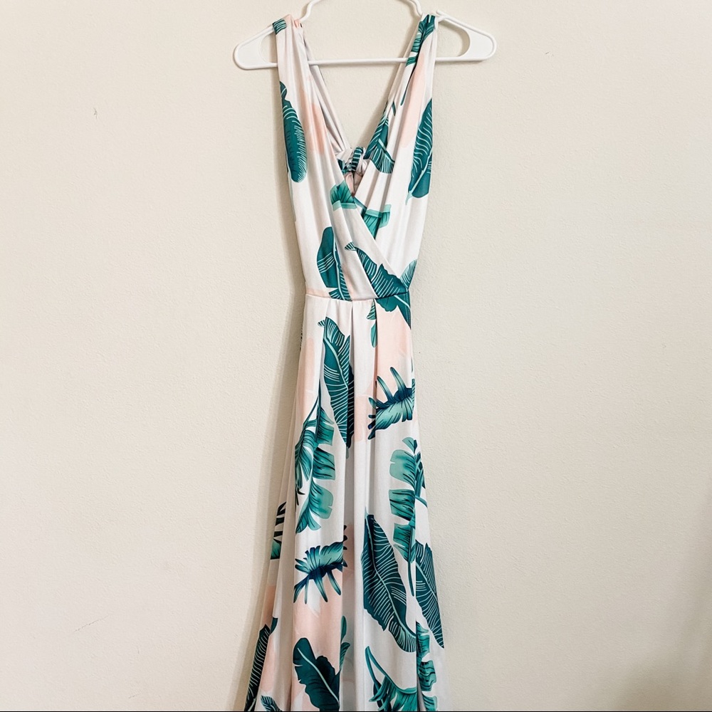 M-Slit Knot Back Surplice Palm Print Maxi Dress